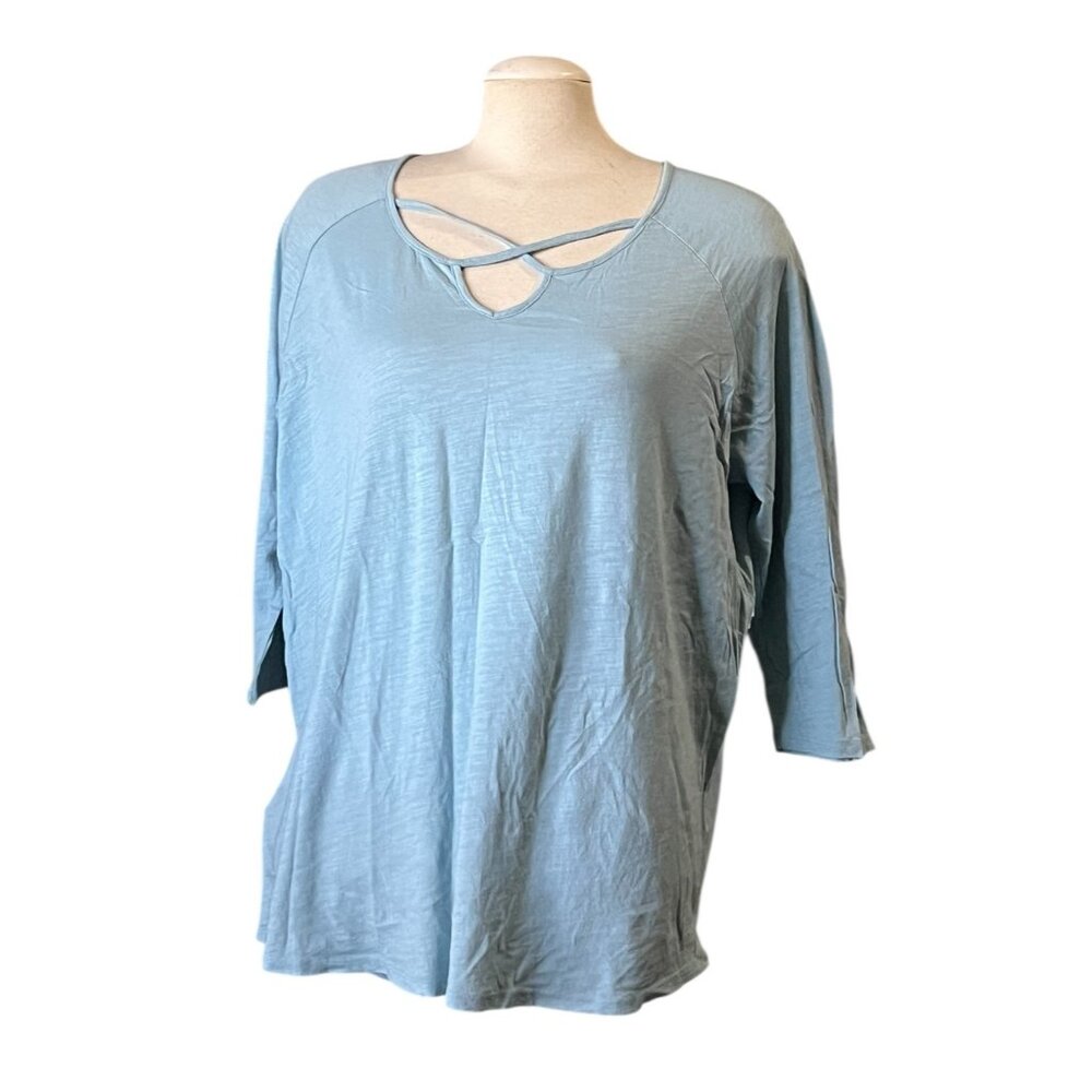 Eddie Bauer Womens Light Blue Crisscross Neck 3/4 Sleeve Tunic Top Sz XXL Relaxe